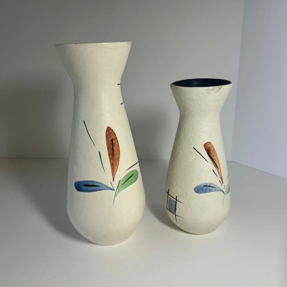 Fohr Keramik Vintage‎ MCM German Pottery Vases Floral Abstract Cream 6.5